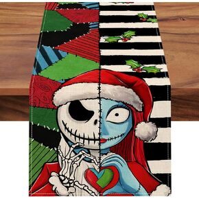 Seliem Halloween Jack Skellington Table Runner, Black White Stripes Patch Bat Kitchen Dining Table Decor, Funny Holiday Burlap Home Decoration Indoor Outdoor Party Supply 13 x 72 Inch