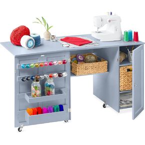 Best Choice Products Large Folding Sewing Table, Multipurpose Portable Craft Station & Side Desk w/Compact Design, Caster Wheels, Storage Shelves, Bins, Pegs, Magnetic Doors, Metal Doorknobs - White