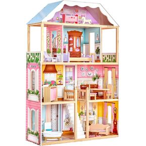 KidKraft Charlotte Classic Wooden Dollhouse with EZ Kraft Assembly™, 14-Piece Accessory Set, for 12-Inch Dolls, Gift for Ages 3+