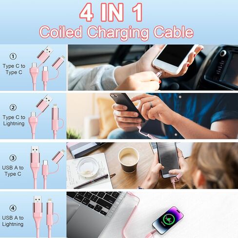 كابل شحن USB C وLightning 2 في 2 سلك Carplay، كابل شحن سريع USB C يدعم Apple Carplay وAndroid Auto، كابل شحن متعدد كومبو من النوع C/Lightning لأجهزة iPhone/Android/iPad in Saudi Arabia
