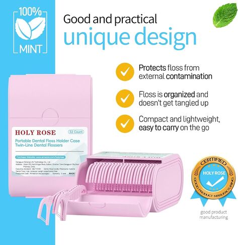 Holy Rose Dental Floss Case with Twin Line Flossers 104 Count,Portable Floss Picks Holder Case Purple, Mint Flavored Floss Stick is Travel Oral Care Tool for Clean and Fresh Teeth in Kuwait