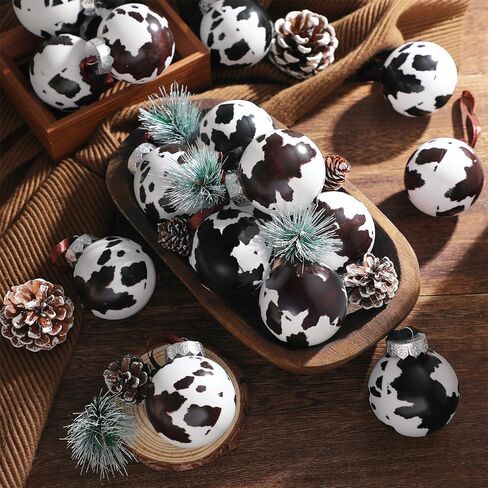 Syhood 12 Pcs Cowhide Printed Christmas Ball Ornaments Plastic Western Ornaments Cow Hanging Decoration Country Western Party Decor Rustic Holiday Xmas Decorations for Home Tree Gifts (Cow Style) in Saudi Arabia