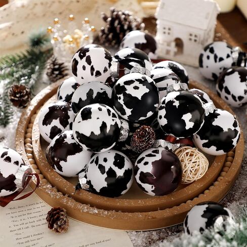 Syhood 12 Pcs Cowhide Printed Christmas Ball Ornaments Plastic Western Ornaments Cow Hanging Decoration Country Western Party Decor Rustic Holiday Xmas Decorations for Home Tree Gifts (Cow Style) in Saudi Arabia