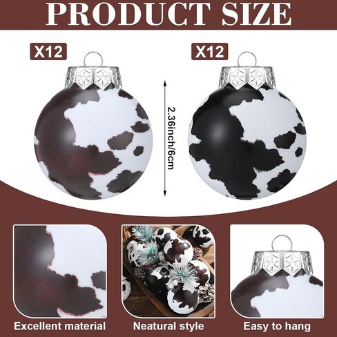 Syhood 12 Pcs Cowhide Printed Christmas Ball Ornaments Plastic Western Ornaments Cow Hanging Decoration Country Western Party Decor Rustic Holiday Xmas Decorations for Home Tree Gifts (Cow Style) in Saudi Arabia