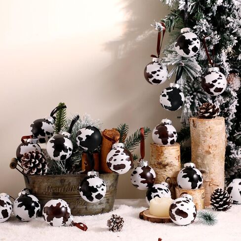 Syhood 12 Pcs Cowhide Printed Christmas Ball Ornaments Plastic Western Ornaments Cow Hanging Decoration Country Western Party Decor Rustic Holiday Xmas Decorations for Home Tree Gifts (Cow Style) in Saudi Arabia