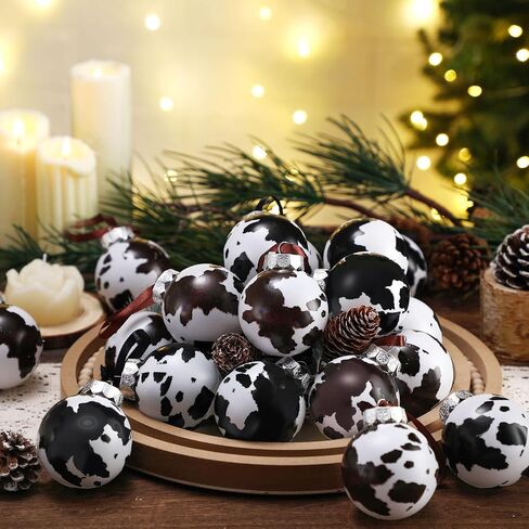 Syhood 12 Pcs Cowhide Printed Christmas Ball Ornaments Plastic Western Ornaments Cow Hanging Decoration Country Western Party Decor Rustic Holiday Xmas Decorations for Home Tree Gifts (Cow Style) in Saudi Arabia