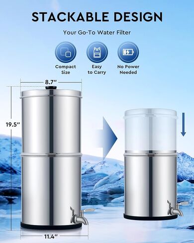 CO-Z Gravity-Fed Water Filter System, 2.25 gal UV Countertop Water Filtration System, Stainless Steel Water Purifier with 2 Carbon Filters, Water Level Spigot, Chamber Stand, NSF/ANSI 42 Certification in Saudi Arabia
