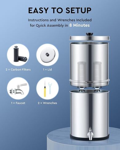 CO-Z Gravity-Fed Water Filter System, 2.25 gal UV Countertop Water Filtration System, Stainless Steel Water Purifier with 2 Carbon Filters, Water Level Spigot, Chamber Stand, NSF/ANSI 42 Certification in Saudi Arabia