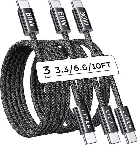 LISEN USB C to USB C Cable Charger for 60W 2-Pack 10ft USBC to USBC Cable Type C Fast Charging Cable Cord for iPhone 15 Pro Max Plus Samsung S23 Note iPad Pro Air Mini MacBook Black in Saudi Arabia