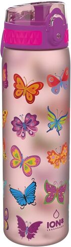 Ion8 Water Bottle, 500 ml/18 oz, Leak Proof, Easy to Open, Secure Lock, Dishwasher Safe, BPA Free, Hygienic Flip Cover, Carry Handle, Easy Clean, Odor Free, Carbon Neutral, Pink, Butterflies Design in Saudi Arabia