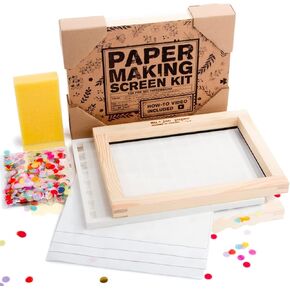 Waterproof Paper Making Screen Kit to Craft Your Own Handmade A5 Paper: Wood Deckle, Mesh Screen, Plastic Grid, Confetti, Sponge, 4 Couch Felts & Video Instructions