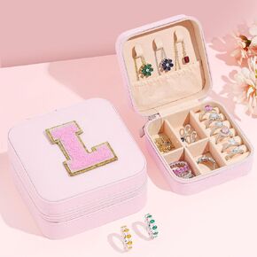 Parima Trendy Travel Jewelry Case - Lightweight and Compact Jewelry Organizer Box, Jewelry Box for Necklace, Earrings, Rings, Can Be Placed in Cosmetic Bag Tote Bag - Initial C, Pink on Pink