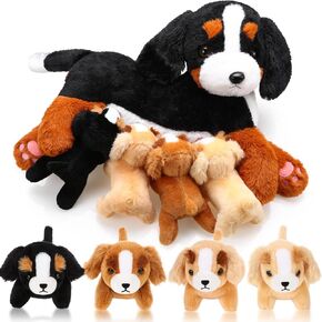 HyDren Nurturing Bernese Mountain Dog Plush Toy Set Nursing Stuffed Animal with Puppies Soft Cuddly Stuffed Mommy Dog with 4 Stuffed Baby Puppy for Kids