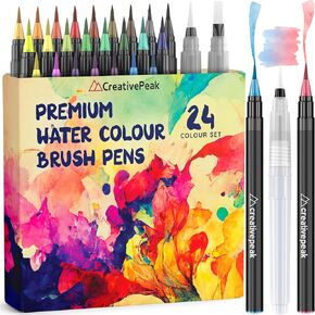 Watercolor Brush Pens - 24 Vibrant Coloring Pens & 2 Blending Brushes - Premium Quality Art Supplies Featuring Soft, Real Tip - Perfect for Calligraphy, Lettering, Adult Coloring - Creativepeak™