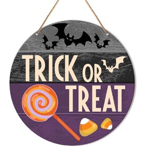 Muktoujaumai Halloween Sign Front Door Decor, Funny Happy Halloween Witch Round Hanging Sign Decor Gothic Home Wall Wooden Decorations Witchy Wood Sign for Porch, Spooky Season Decor