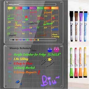 Magnetic Acrylic Calendar for Fridge,Keukenket 2 Set of Magnetic Monthly and Weekly Refrigerator Calendar for Fridge, Dry Erase Board Calendar Planner,with 4 Dry Erase Markers+1 Pen Holder+1 Eraser