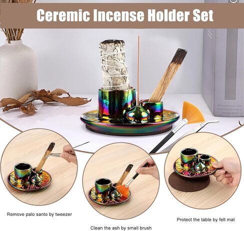 Ceramic Incense Burner Holder, 4 in 1 Incense Holder for Sticks, Palo Santo Holder Sage Holder for Burning, Incense-stick Holder Tray Candle Holder Ash Catcher for Meditation, Yoga Room in Saudi Arabia