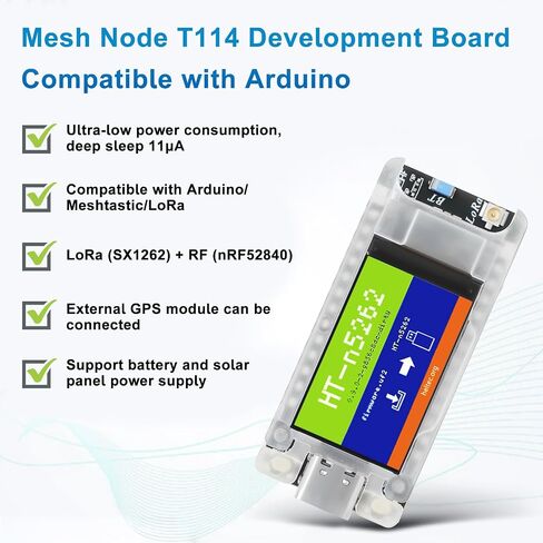 لوحة وحدة T114 للعقدة الشبكية مع شاشة TFT، لوحة تطوير nRF52840 SX1262 تدعم LoRa Bluetooth 5.0 نظام تحديد المواقع العالمي (GPS) الخارجي ومصدر طاقة اللوحة الشمسية لـ Meshtastic Arduino LoRawan IOT (915 ميجاهرتز) in Kuwait