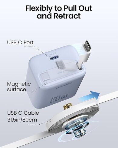 شاحن حائط USB C قابل للسحب، شاحن محمول iPhone 15 سريع بقدرة 20 وات مع كابل USB C قابل للسحب ومنفذ USB C لهاتف iPhone 15/15 Pro/15 Pro Max/iPad Pro/MacBook والمزيد - أبيض in Kuwait