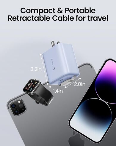 شاحن حائط USB C قابل للسحب، شاحن محمول iPhone 15 سريع بقدرة 20 وات مع كابل USB C قابل للسحب ومنفذ USB C لهاتف iPhone 15/15 Pro/15 Pro Max/iPad Pro/MacBook والمزيد - أبيض in Kuwait