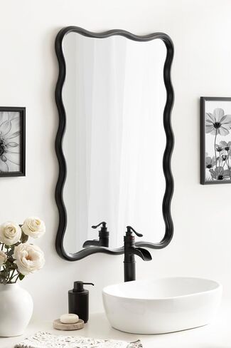 Kate and Laurel Talma Modern Scalloped Rectangle Wall Mirror, 24 x 36, Natural Wood, Rectangular Wavy Mirror for Use as Bathroom Mirror for Over Sink or Cute Nursery Mirror in Saudi Arabia