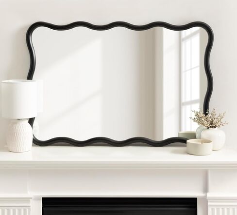 Kate and Laurel Talma Modern Scalloped Rectangle Wall Mirror, 24 x 36, Natural Wood, Rectangular Wavy Mirror for Use as Bathroom Mirror for Over Sink or Cute Nursery Mirror in Saudi Arabia