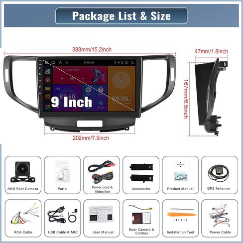 راديو ستيريو للسيارة 2G+64G Android لـ Acura TSX 2009 2010 2011 2012 2013 2014، وحدة رأس لاسلكية CarPlay Android Auto GPS للملاحة 9 بوصة تعمل باللمس بلوتوث HiFi Audio WiFi SWC + ميكروفون كاميرا احتياطية in Saudi Arabia