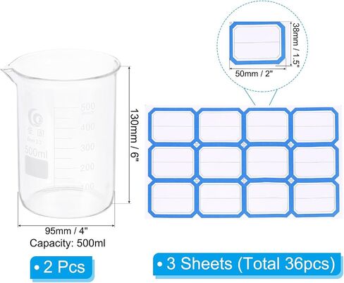 PATIKIL 100ml Low Form Glass Beaker, 2Pcs 3.3 Borosilicate Glass Beakers Graduated Measuring Cup with Stick Labels for Lab Experiment, Cooking and Baking, Clear in Kuwait