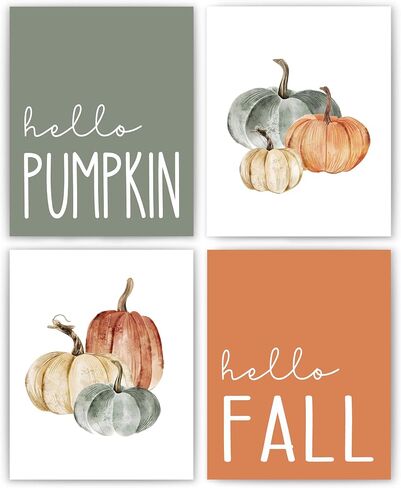 JWVK Hello Pumpkin Boho Fall Wall Art Prints Set of 4, Fall Wall Decor, Boho Fall Decor, Vintage Fall Pumpkin Autumn Leaves Posters Wall Decor for Home, Farmhouse Fall Decor, 8x10 Unframed in Saudi Arabia