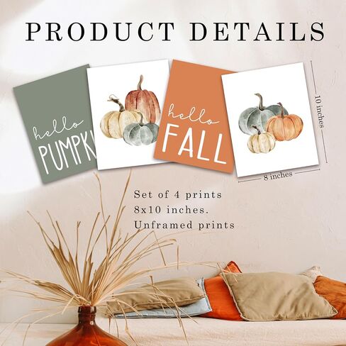 JWVK Hello Pumpkin Boho Fall Wall Art Prints Set of 4, Fall Wall Decor, Boho Fall Decor, Vintage Fall Pumpkin Autumn Leaves Posters Wall Decor for Home, Farmhouse Fall Decor, 8x10 Unframed in Saudi Arabia