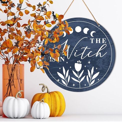 Muktoujaumai Halloween Sign Front Door Decor, Funny Happy Halloween Witch Round Hanging Sign Decor Gothic Home Wall Wooden Decorations Witchy Wood Sign for Porch, Spooky Season Decor in Saudi Arabia