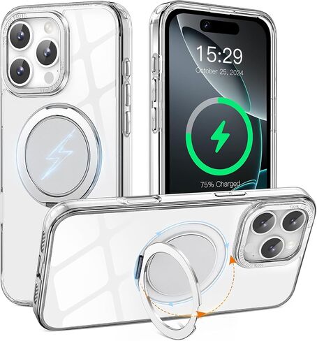 حافظة لهاتف iPhone 16 Pro مزودة بحامل حلقي مغناطيسي متوافق مع Magsafe ذات درجة عسكرية للحماية من السقوط شديدة التحمل مضادة للصدمات للرجال والنساء لهاتف iPhone 16 Pro 6.3 بوصة أرجواني شفاف in Saudi Arabia