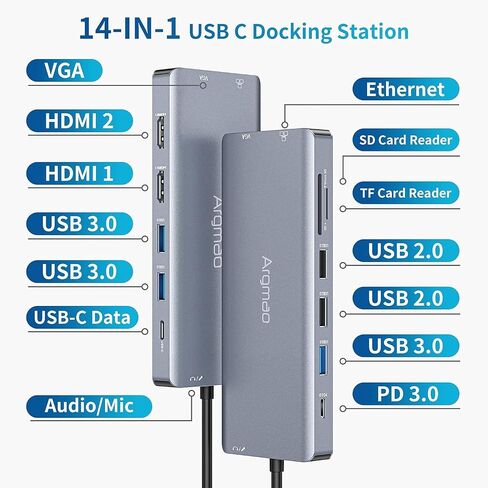 14 in 2 USB C Laptop Docking Station for MacBook Pro Air with Triple Different Display, Dual Monitor 4K@60Hz Multiport Type C Adapter, 2 HDMI & DP, USB C/A Port, PD, Ethernet, SD/TF, Audio/Mic in Saudi Arabia