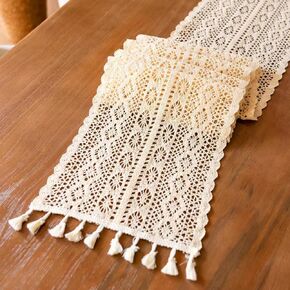 Cotton Lace Boho Table Runner, Macrame Table Runner Farmhouse Style, Mesh Woven Table Runner with Tassels for Dining Table Wedding Bridal Party (Beige 10 x 72 Inch)