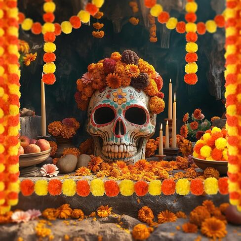 6 Pcs× 5 Feet Long Marigold Flowers Garland Bulk Indian Wedding Party Mantel Decoration Artificial Dia de Los Muertos Decorations for Altar Faux Flower Garland for Diwali, Bush Floral Party(Yellow) in Kuwait