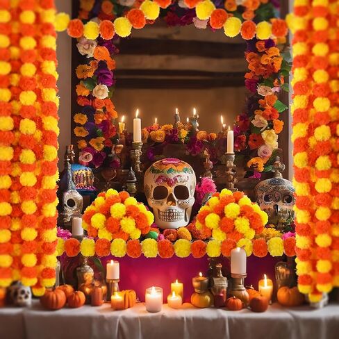 6 Pcs× 5 Feet Long Marigold Flowers Garland Bulk Indian Wedding Party Mantel Decoration Artificial Dia de Los Muertos Decorations for Altar Faux Flower Garland for Diwali, Bush Floral Party(Yellow) in Kuwait