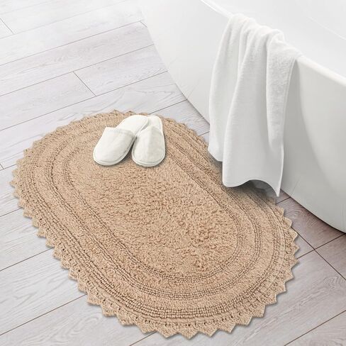 RAJRANG Cotton Bathroom Rug Pack of 2 - Oval 17x24 Inches Crochet Reversible Boho Bath Mat - Sand in Kuwait