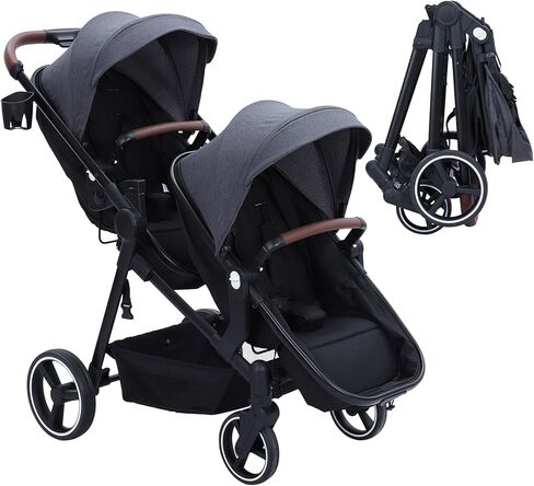 Double Stroller for Infants and Toddlers, Foldable Tandem Stroller, Reversible Pushchair Bassinet Pram with Large Storage Basket, Adjustable Backrest & Canopy, Black in Saudi Arabia