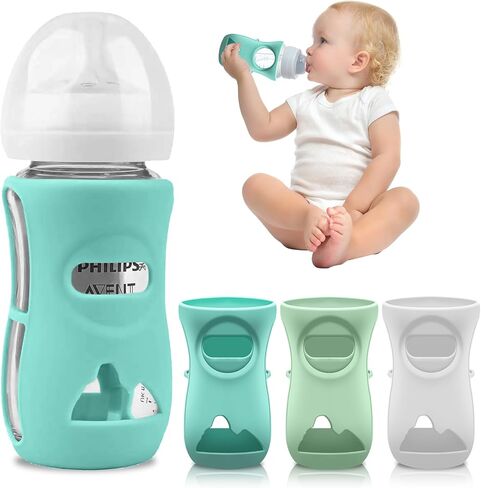 Silicone Avent Glass Bottle Sleeve, Anti Breakage & Scratch-Proof, Protect Philips Avent Glass Bottles, Food-Grade Silicone, BPA Free, 4 oz Baby Bottle Holder (White+Blue+Green) in Saudi Arabia