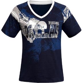 Womens City Football Fans Vintage Classical Sporty V Neck Tee Shirts - Navy & White