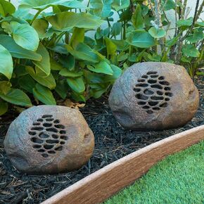 Alpine Corporation Weather-Resistant Bluetooth Solar-Powered Outdoor Wireless Rock Speaker – Set of 2