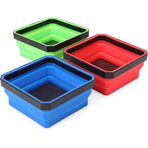 PR1ME Collapsible Magnetic Parts Tray Set, Foldable Magnetic Tray, 3 Pieces 4.25 inch Square Silicone Bowls with Magnetic Base Stores and Organizes Small Parts and Tools