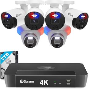 نظام كاميرا مراقبة Swann Enforcer 4K داخلي/خارجي، 4 كاميرات رصاصة و2 قبة PoE، 8 قنوات NVR 2 تيرابايت HDD مراقبة سلكية CCTV، أضواء مستشعر الحركة، رؤية ليلية ملونة، صفارة الإنذار، SONVK-889804B2D