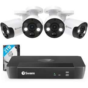 Swann 4K Indoor/Outdoor Security Camera System, 4 Bullet & 4 Dome PoE Cameras 8 Channel NVR 2TB HDD Wired Surveillance CCTV, Motion Sensor Lights, Color Night Vision, Siren, SONVK-886804FB4D