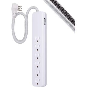 GE UltraPro 6-Outlet Surge Protector, 2 Ft Designer Braided Extension Cord, 560 Joules, Flat Plug, Wall Mount, UL Listed, White, 45264