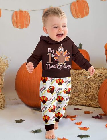 DONWEN بيبي بوي عيد الشكر الزي طويل الأكمام بلدي 1st عيد الشكر هوديي رومبير + تركيا السراويل 2 قطعة مجموعة الملابس in Kuwait