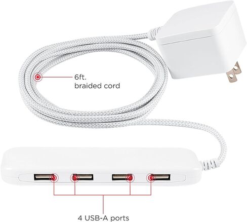 شريط طاقة UltraPro 4 منافذ USB، سلك تمديد مجدول 6 أقدام، حامل على الحائط، 4.8 أمبير/24 وات، لهاتف iPhone/iPad/Samsung Galaxy/Google Pixel، مدرج في قائمة UL، أبيض، 44139-T1 in Kuwait