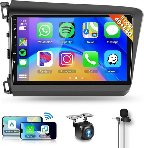 8Core 4+64G Car Stereo for Honda Civic 2012-2015 Wireless Carplay Android Auto,9 inch 1280 * 720P IPS Touch Screen Radio, Android/GPS/WiFi/32band DSP Audio/Bluetooth/SWC/Backup Camera in Saudi Arabia