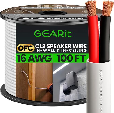 سلك مكبر صوت GEARit مقاس 16 OFC بطول 250 قدمًا، سلك مكبر صوت OFC بتصنيف 16 AWG UL CL2، سلك نحاسي 16 AWG مع علامات قطبية، كابل مكبر صوت للمسرح المنزلي داخل الجدار والمدرسة والكنيسة والصوت التجاري (أبيض) in Kuwait
