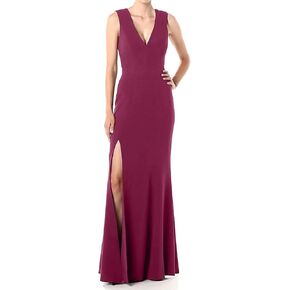 Dress the Population Women's Sandra Plunging Thick Strap Solid Gown with Slit Dress